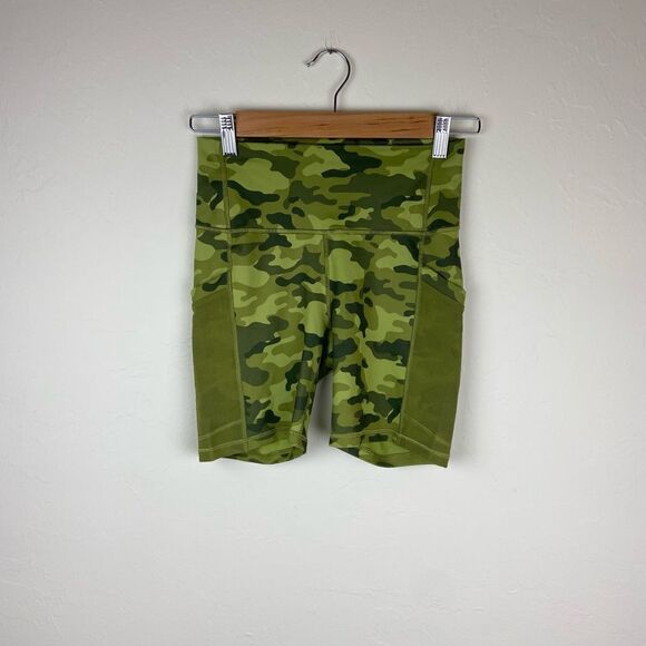 Fabletics Powerhold High-Waisted Pocket Biker Shorts - Green Camo - Picture 1 of 6